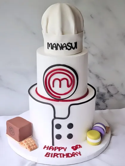 Officially 9 and already cooking up greatness! This MasterChef-themed cake features the iconic logo, a chef's hat, and uniform, perfect for a young culinary star.