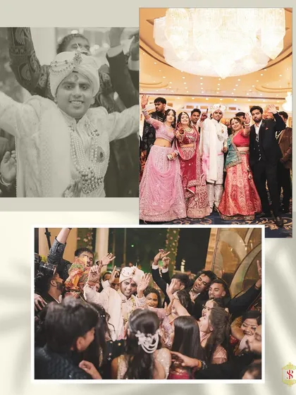 A collage capturing the high energy of the groom's baraat and the celebration with friends and family.