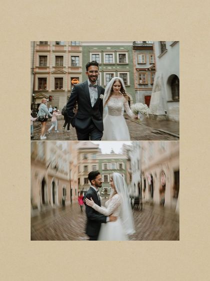 A creative shot using a lens-blur effect to frame the couple in the heart of a Polish street, creating a dreamy, romantic feel.