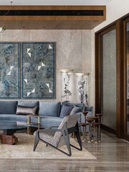 Art is given center stage in the K Residence. Here, a triptych by Kamrooz Aram is juxtaposed with Sumakshi Singh’s delicate sculptures. The custom furniture from my Koko collection is chosen to be functional yet sculptural, complementing the art without competing with it.