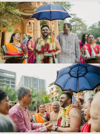The groom's joyous baraat procession, filled with laughter, dancing, and warm greetings from family members.