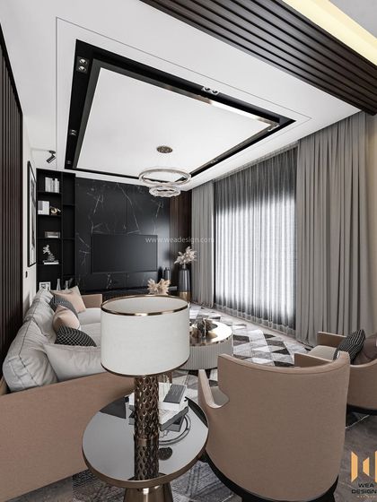 A detailed shot of the living room's layered ceiling and TV unit, demonstrating our attention to architectural details.