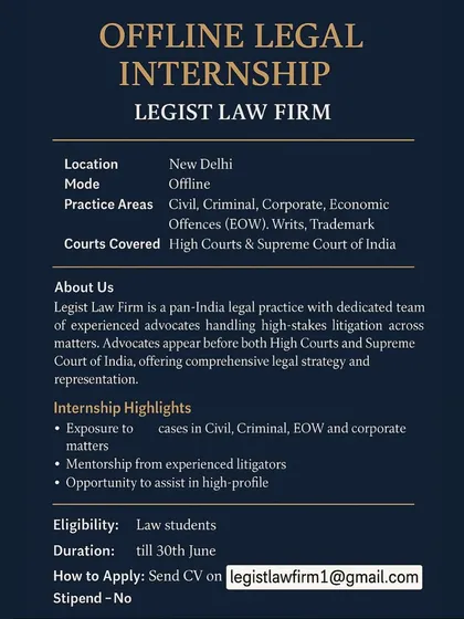 We are committed to mentoring the next generation of legal professionals. This is an announcement for our offline legal internship program in New Delhi, offering law students exposure to Civil, Criminal, and Corporate law cases.