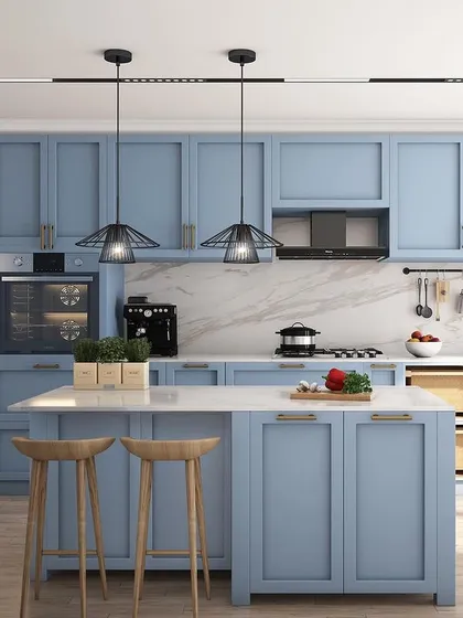 A 3D visualization of a proposed kitchen design, showcasing our planning process. This concept features calming blue cabinetry, a functional island with a breakfast counter, and modern fixtures, allowing clients to perfectly envision their space before we begin construction.