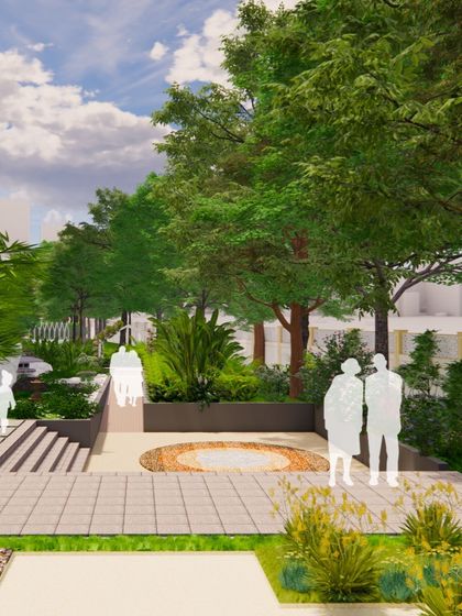 An identical view of the terrace concept, emphasizing the use of mature trees to provide shade and a sense of establishment.