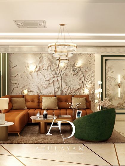 A luxurious living room with a bold orange sofa, a 3D lotus-themed wall mural, and a stunning tiered chandelier, creating a vibrant and opulent feel.