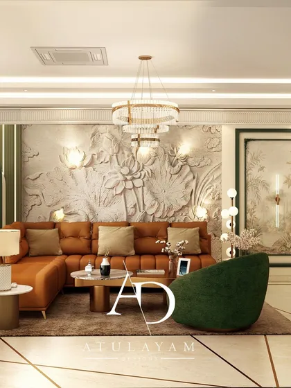 A luxurious living room featuring a large orange sectional, a 3D lotus mural wall, and a modern crystal chandelier, creating a grand and inviting atmosphere.