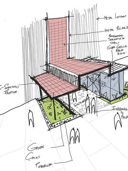 The preliminary concept sketch for the school entrance redesign. This drawing shows the initial idea of combining a green court with a metal and terracotta structure to create a unified and welcoming entry point.