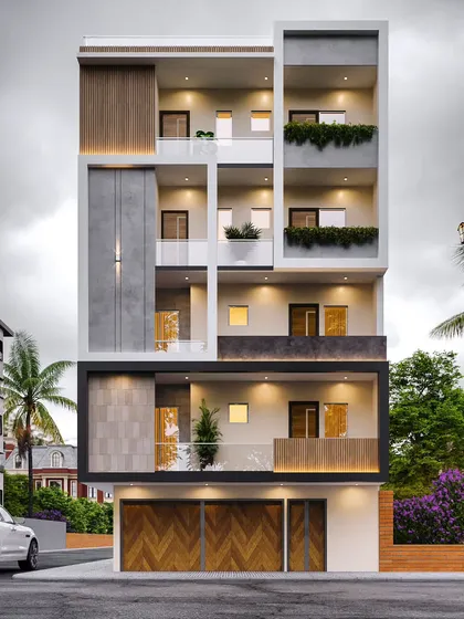 A multi-level residential front elevation featuring a complex interplay of volumes and materials. The design uses recessed balconies, planter boxes, and a mix of stone and wood textures to create a dynamic and modern exterior.