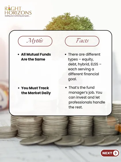 Another slide from our mutual fund myth-busting series. We clarify that not all mutual funds are the same, as different types serve different goals, and that you don't need to track the market daily because that is the fund manager's job.