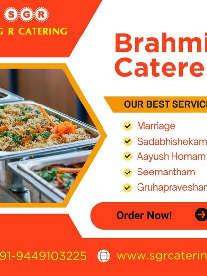 We provide complete catering services for Brahmin functions, including marriage, sadabhishekam, and gruhapravesham. This image of a buffet line shows our capacity to serve a variety of dishes efficiently.