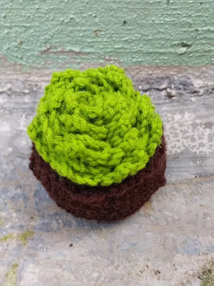 A top-down view of the crochet succulent, showing the spiral pattern.
