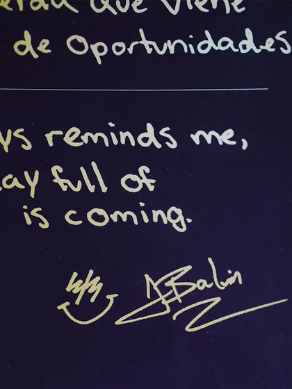 A detail from the J Balvin Jordan 3 box, featuring his signature and an inspirational message, making the packaging as special as the shoes.