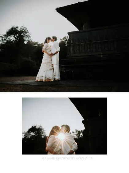 A silhouette shot where the setting sun creates a stunning starburst effect between the couple as they embrace, adding a touch of magic to their traditional shoot.
