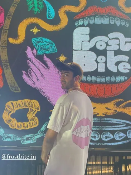 A shot from one of our launch events, with me in front of the Frostbite brand artwork. This image captures the energy and community around the brand, which is just as important as the jewelry itself.