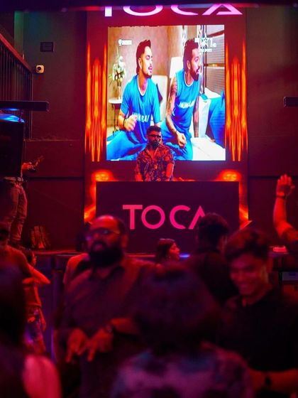 A wide shot of my set at Toca, with my visuals on the big screen.