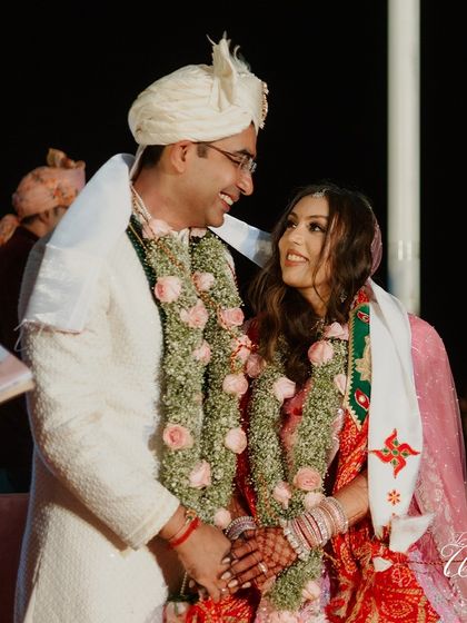 The couple sharing a look of love and understanding during their wedding ceremony.