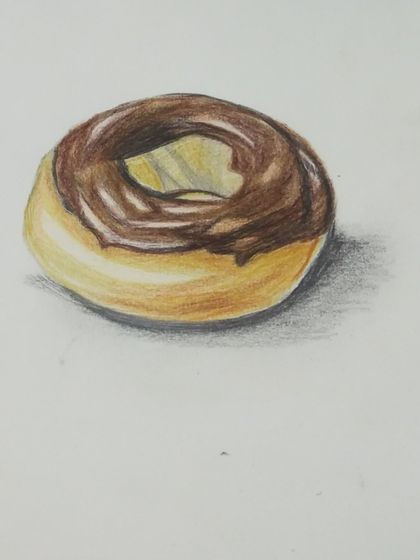 A finished drawing of a chocolate donut, looking perfectly glazed and delicious.