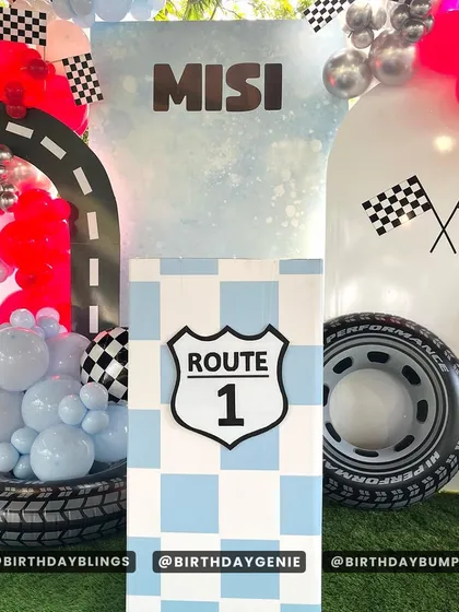 A detail shot of the "Route 1" plinth and the custom-designed backdrops.