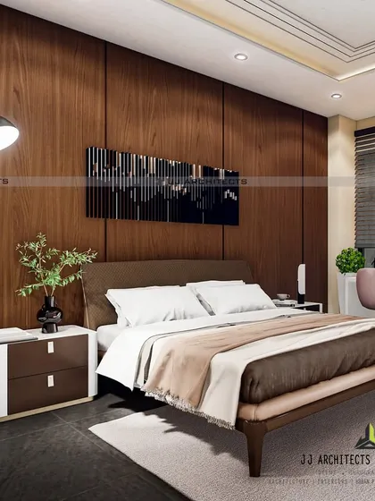 For this bedroom design, we proposed a floor-to-ceiling wood-panelled wall to add warmth and texture. A dedicated study nook by the window makes the room multi-functional.