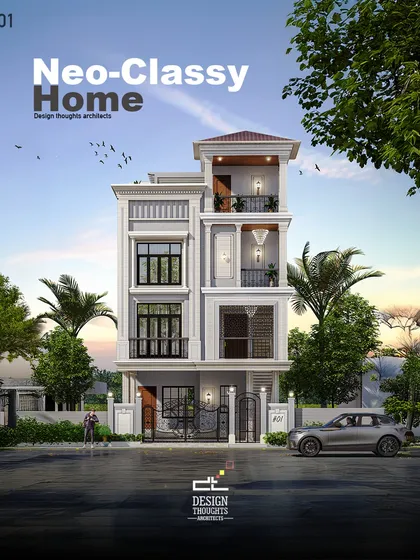 A showcase of neo-classy elegance on a 30x50 plot. This design proves that grandeur isn't limited by space. We used classical elements like vertical pilasters, recessed balconies, and a terracotta roof to create a home with a strong, sophisticated presence.