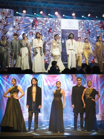 Models on the runway at the 'Face of India' event. The stage lighting and background visuals were programmed to change with each designer's collection, creating a dynamic and immersive fashion show.