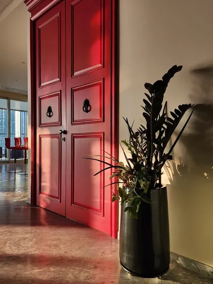 We love a powerful color combination. The dramatic red door is perfectly balanced by the deep, dark foliage of a ZZ Raven plant in a sleek black planter, creating an entrance that is both bold and sophisticated.