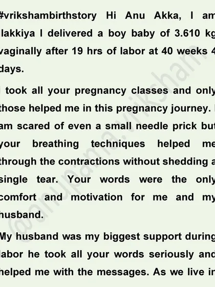 This mother, who is scared of even a small needle prick, got through 19 hours of contractions without a single tear by using the breathing techniques I teach. Her husband was her biggest support.