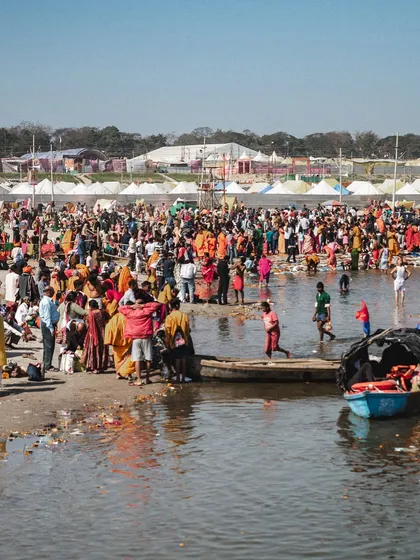 It is hard to convey the sheer scale of the Maha Kumbh. This image gives a sense of the immense crowd gathered by the river. Documenting large cultural events like this is about capturing both the grand scale and the individual stories within it.
