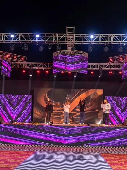 The Sangeet stage during rehearsals, showing the scale of the lighting and LED setup. I oversee every technical aspect to ensure a flawless execution on the night of the event.