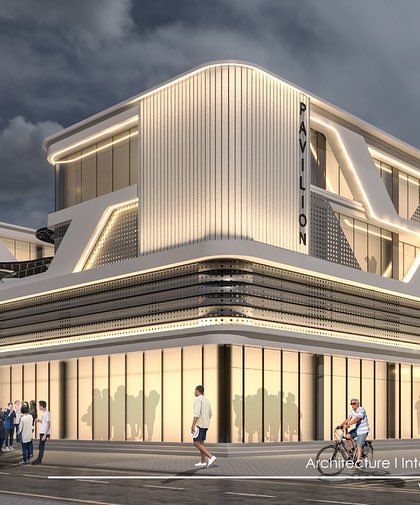 A second concept for the Dwarka mall, this time with a lighter color palette and curved, streamlined forms that evoke a retro-futuristic feel.