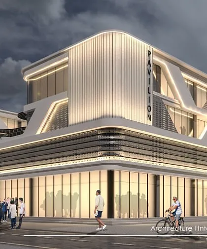 A second concept for the Dwarka mall, this time with a lighter color palette and curved, streamlined forms that evoke a retro-futuristic feel.