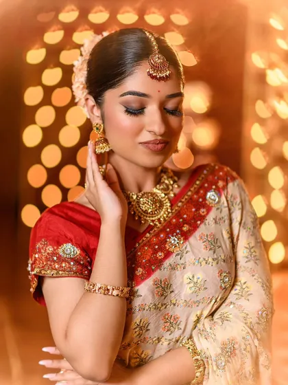 A close-up on the eye makeup for the Diwali look, featuring a sharp wing and soft brown shadows.