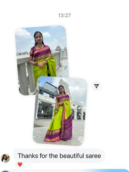 "Thanks for the beautiful saree." A happy message from a client looking lovely at a temple.