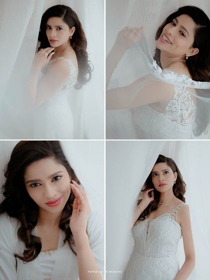 A collage of bridal portraits, showcasing different expressions and angles, from playful smiles to thoughtful gazes, all in a soft, high-key light.