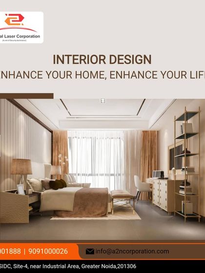 A luxurious bedroom interior design that enhances comfort and style. The space features a statement headboard, elegant curtains, and a dedicated work or vanity area with gold-accented furniture, creating a personal sanctuary.