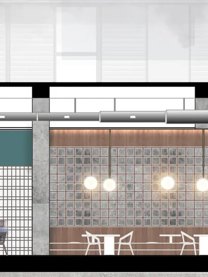 A section drawing showing the dining area at CHAMPON. It details the custom wall paneling, lighting placement, and furniture scale, ensuring the final built space matches our design intent.