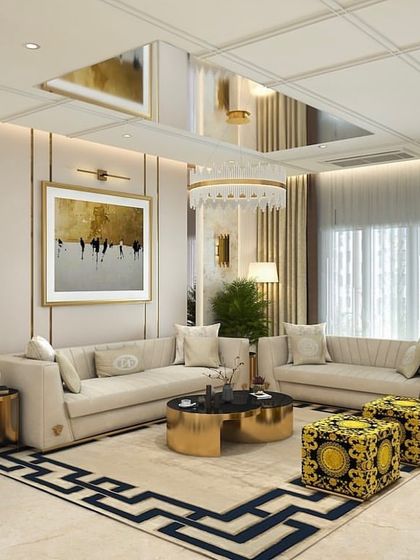 Another view of the Versace-themed living room, showcasing the geometric rug, gold-accented coffee tables, and a mirrored ceiling panel that enhances the sense of opulence and space.