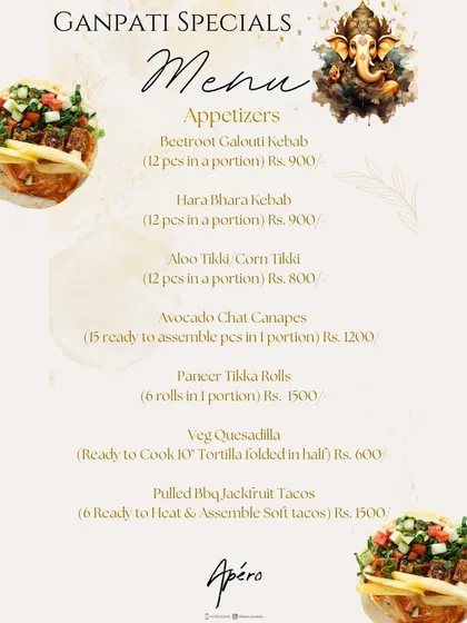 My Ganpati Specials Menu for 2024, featuring a delicious array of appetizers like Beetroot Galouti Kebab, Aloo Tikki, and Paneer Tikka Rolls to elevate your celebrations.