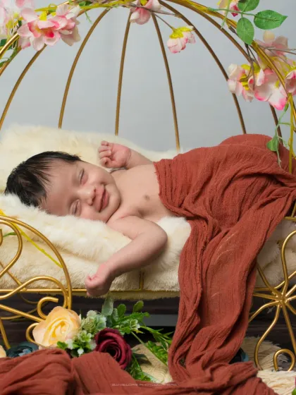 A sleepy smile in a golden carriage. The floral accents on this beautiful prop add a touch of enchantment to this sweet, sleeping portrait.