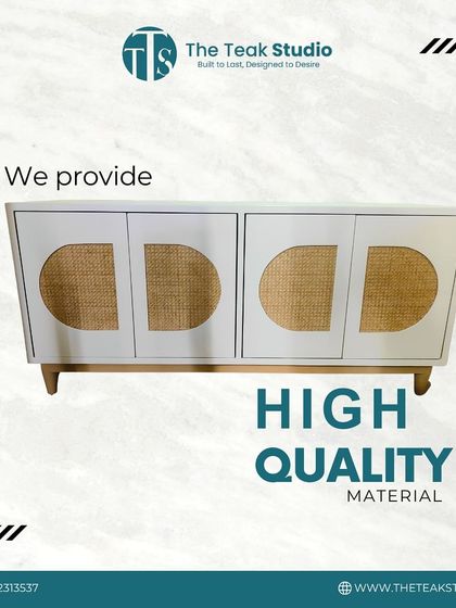 A modern credenza featuring white doors with semi-circular cane webbing inserts. This piece blends natural textures with a clean, contemporary frame, perfect for adding a touch of boho chic to any space.