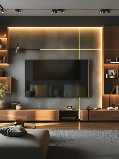 This contemporary living room design features a dark, textured wall with integrated LED strip lighting that highlights the entertainment zone. The floating wooden TV console and asymmetrical shelving provide a modern and stylish storage solution.