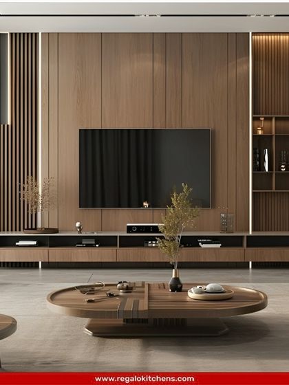 A warm and sophisticated media center made almost entirely of wood panels. The integrated shelving and cabinets create a seamless and highly functional wall unit.