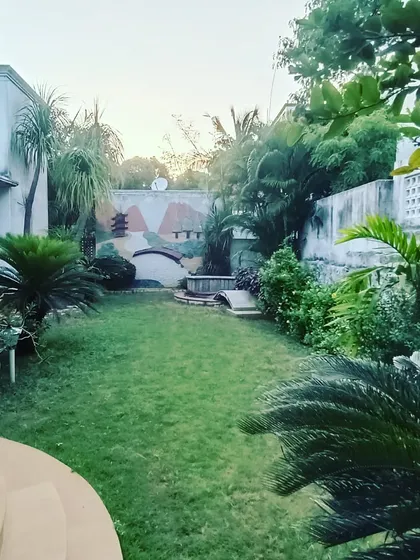 A wide view of a backyard we landscaped. You can see how we combined the lawn, plants, and a small bridge feature to create a space that is both beautiful and interesting to explore.