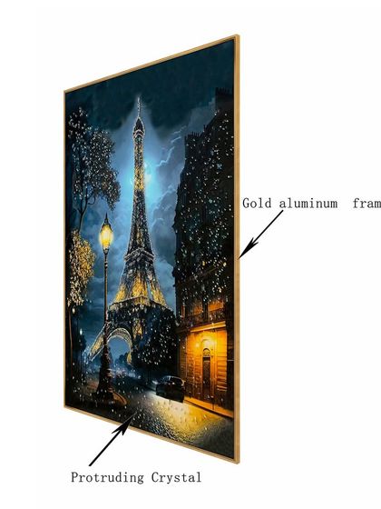 This image details the construction of our Parisian skyline painting, highlighting the sturdy gold aluminum frame and the protruding crystals that give the artwork its signature sparkle.