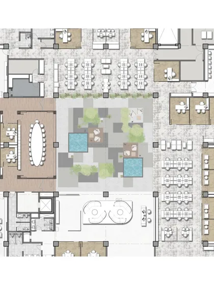 This floor plan of the Hamdard Laboratories office shows how the entire workspace is organized around the central, sky-lit courtyard. This layout ensures that most of the office receives ample natural light, promoting a productive and serene environment.