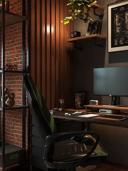 A close-up of the desk area, showing the mix of textures from the exposed brick, wood paneling, and metal shelving.