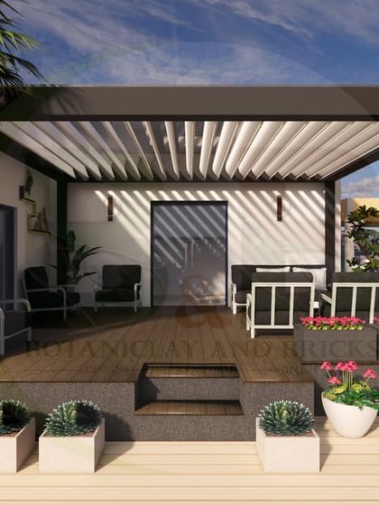 This 3D render shows a modern, black-framed pergola with a retractable roof. The structure is built on a raised wooden deck and includes integrated planters, creating a chic and versatile outdoor room.