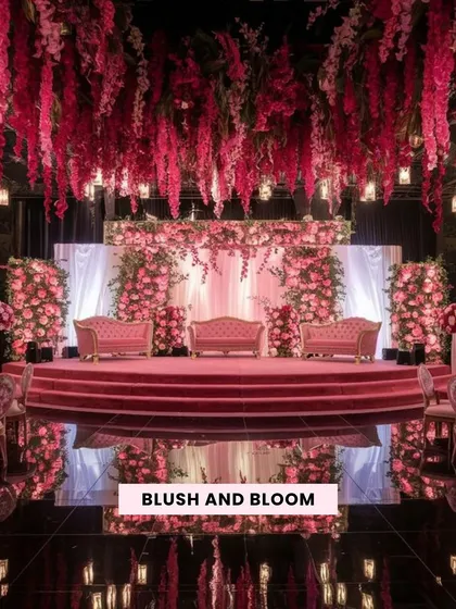 A breathtaking reception stage in shades of blush and bloom, with a ceiling dripping in pink wisteria and multiple tiers of seating for a truly grand affair.