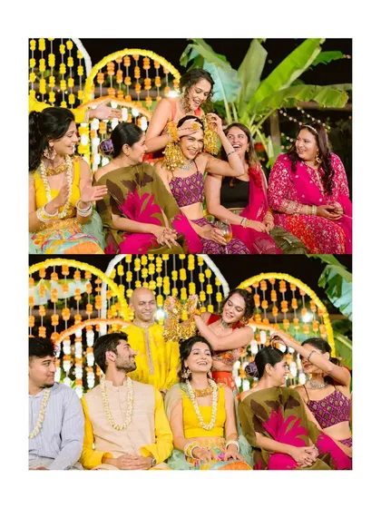 Fun and playful moments from a Haldi ceremony, with the bride and her friends enjoying the festivities.